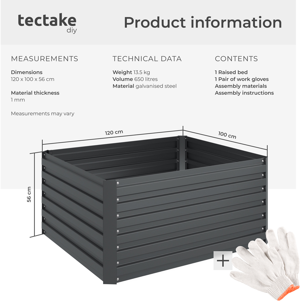 tectake 120 x 100cm Grey Galvanised Steel Raised Garden Bed Image 9