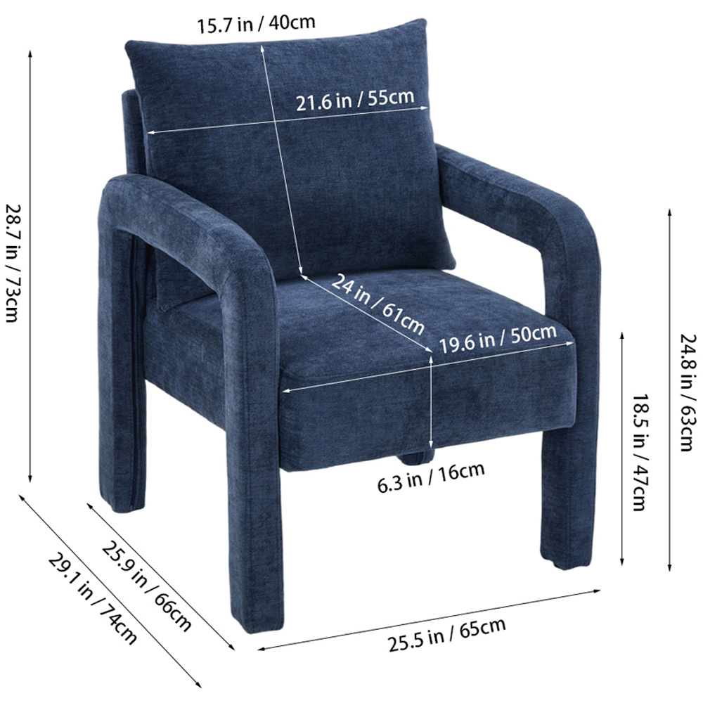 Living and Home Dark Blue Chenille Upholstered Accent Chair with Lumbar Pillow Image 9