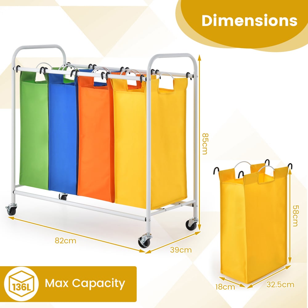 Costway 4 Section Multicolour Removable Laundry Sorter Basket 136L Image 9