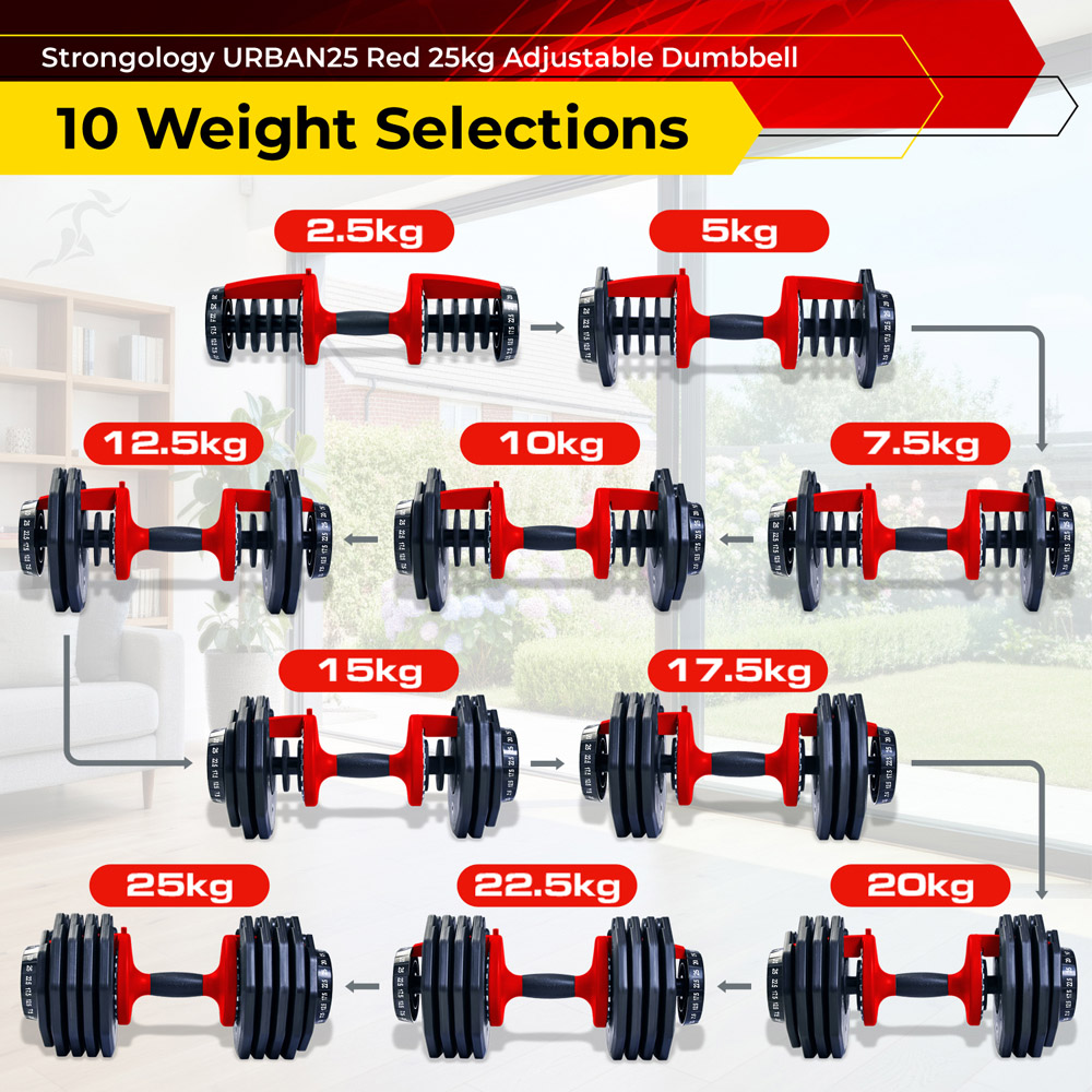 Strongology Urban25 Single Home Fitness Black Red Adjustable Dumbbell 2.5kg to 25kg Image 7