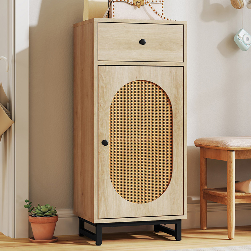 Costway Natural Single Door Single Drawer Storage Cabinet with Adjustable Foot Pads and Anti Toppling Kit Image 1