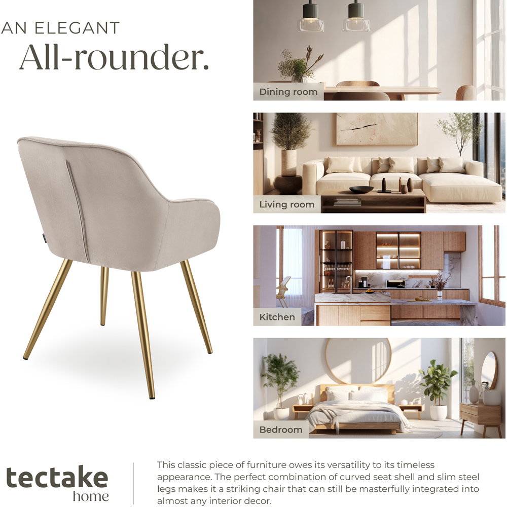 Tectake Marilyn Set of 2 Taupe and Gold Quilted Velvet Continuous Backrest Dining Chair Image 7