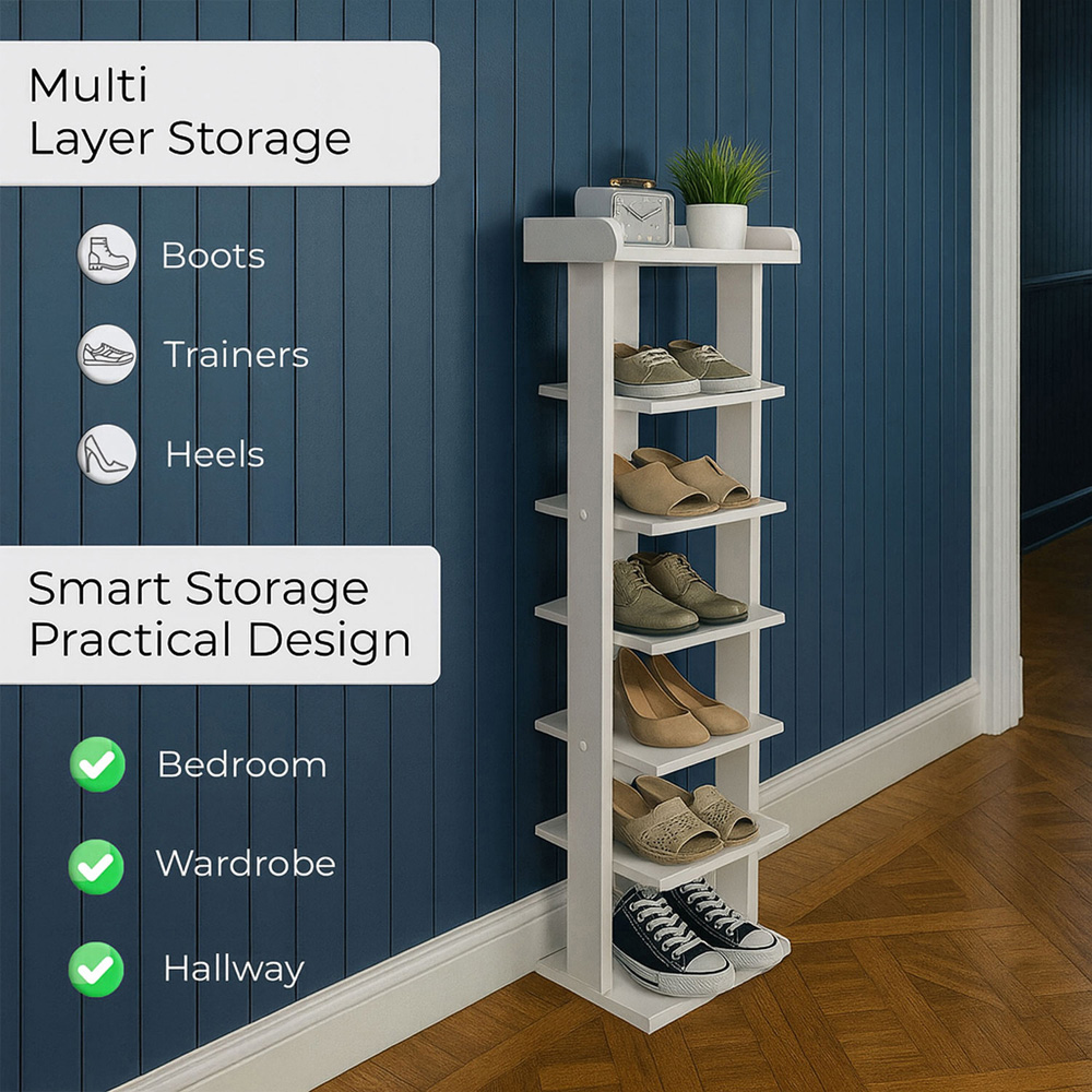 Neo 7 Shelf White Bamboo Shoe Rack Image 4