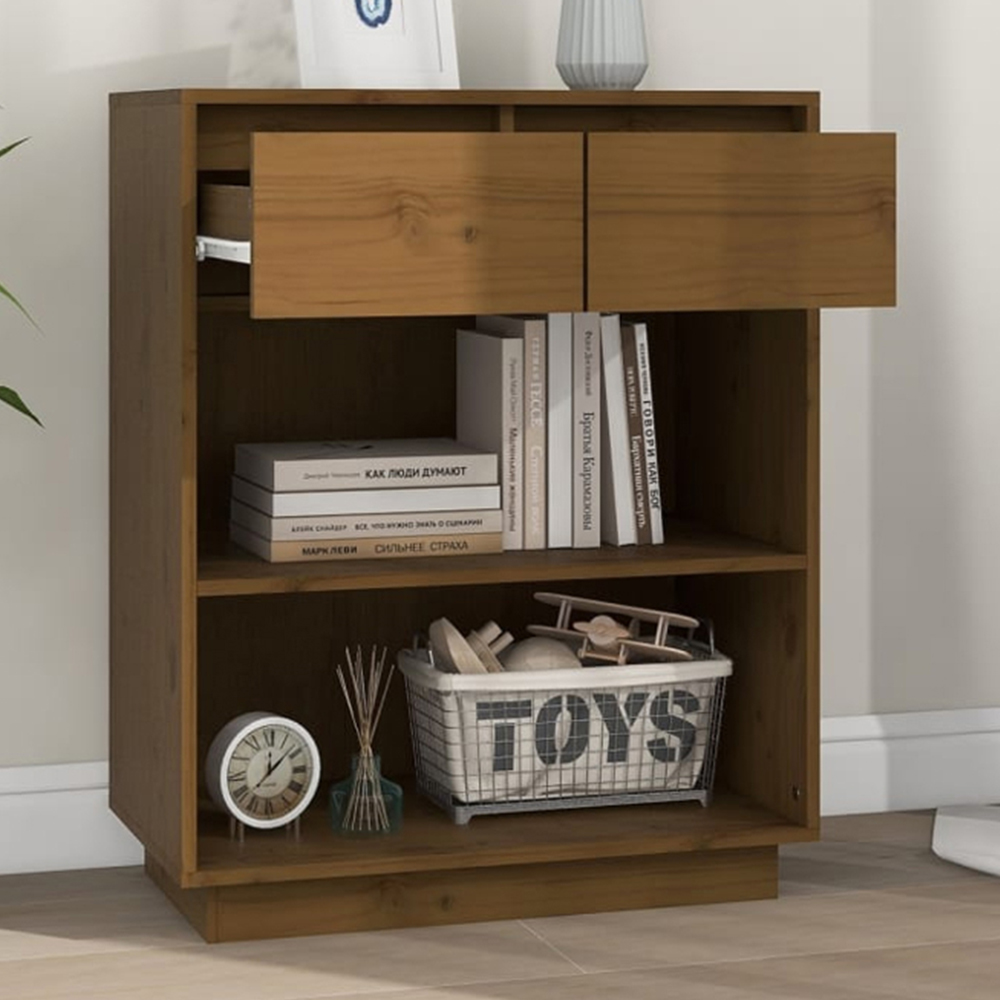 vidaXL 2 Drawer 2 Open Shelf Honey Brown Solid Pinewood Console Cabinet Image 1