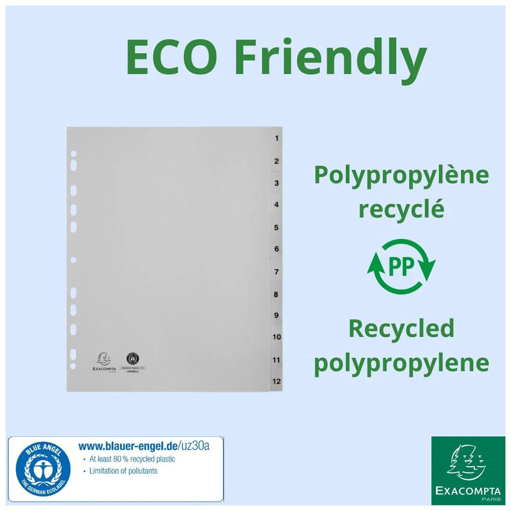 Exacompta A4 Maxi Grey Recycled Polypropylene 1-12 Divider 10 Pack Image 3