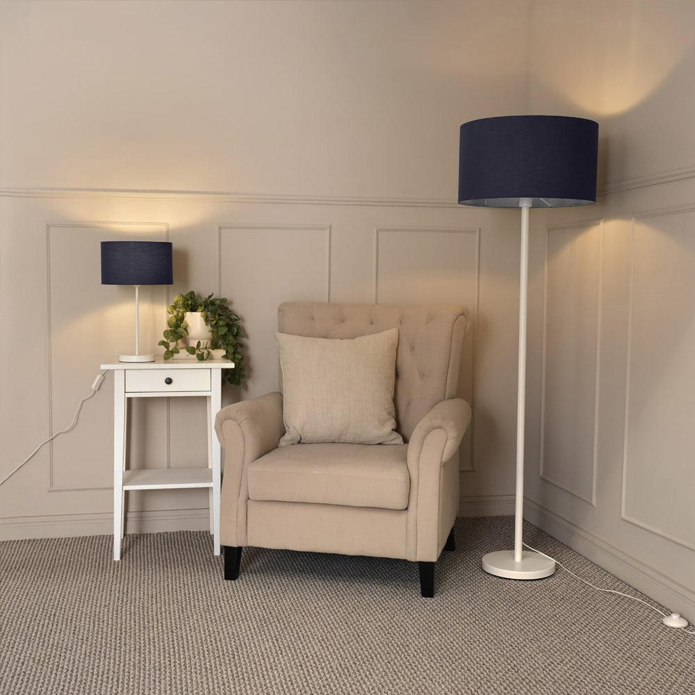 ValueLights Charlie Navy Drum Shade White Floor Lamp and Bulb Image 3