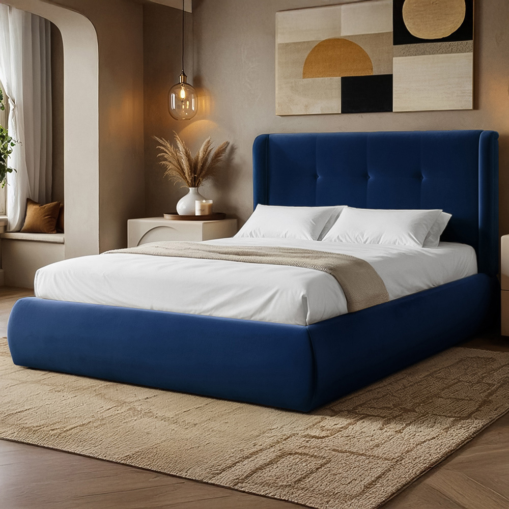 Solace+Co Monte Double Midnight Velvet Ottoman Bed with Winged Button Headboard Image 1