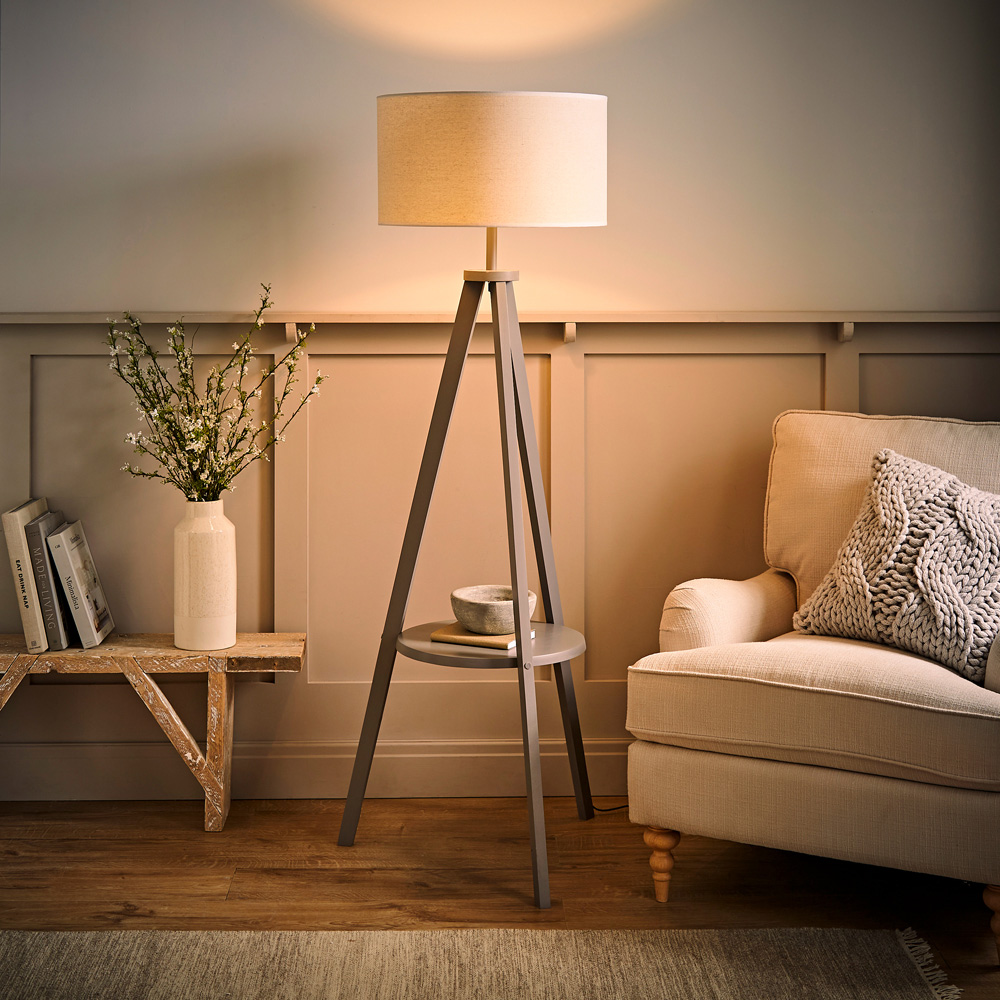 ValueLights Morrigan Grey Wood Shelf White Trim Shade Tripod Floor Lamp with Bulb Image 6