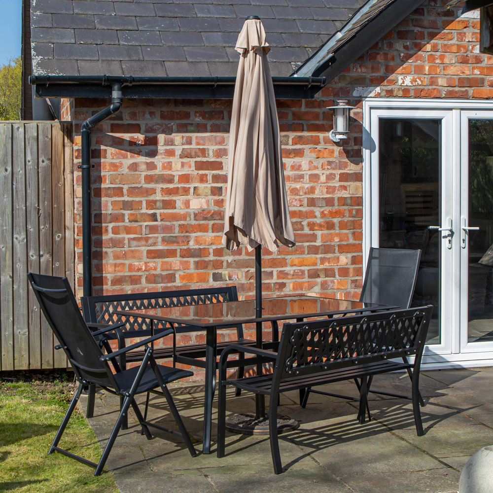 Samuel Alexander 6 Seater Garden Dining Table with Benches and Beige Havana Parasol and Base 2m Image 2
