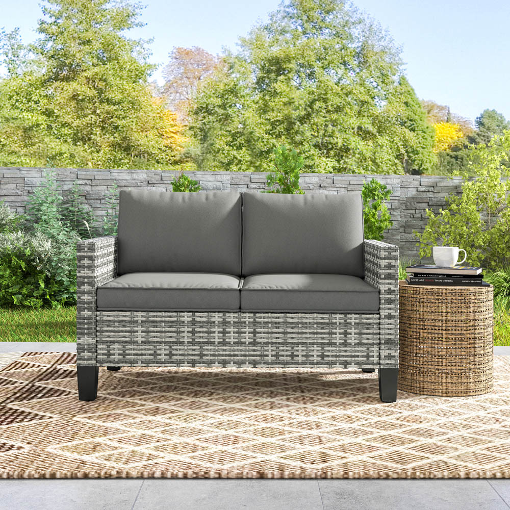 Outsunny 2 Seater Light Grey Cushion Rattan Garden Sofa Image 3