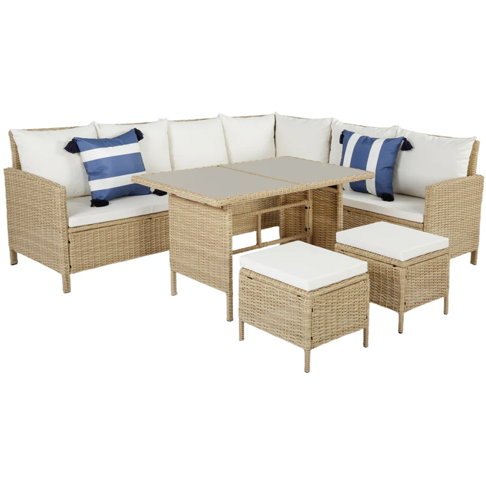 HGD Thalia 8 Seater Natural and White Rattan Garden Corner Dining Sofa Set with Glass Table Image 3
