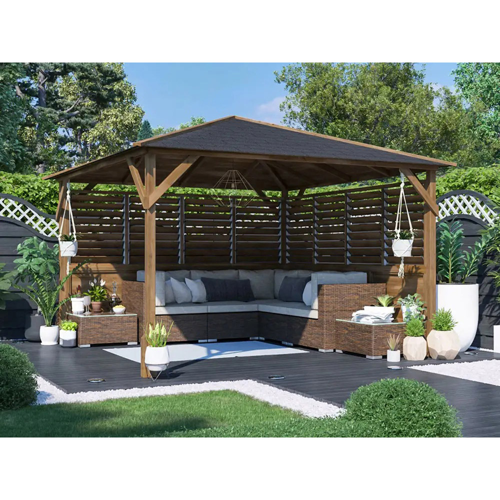Dunster House Utopia 3 x 3m Brown Louvre Wall Garden Gazebo with Roof Shingles Image 3