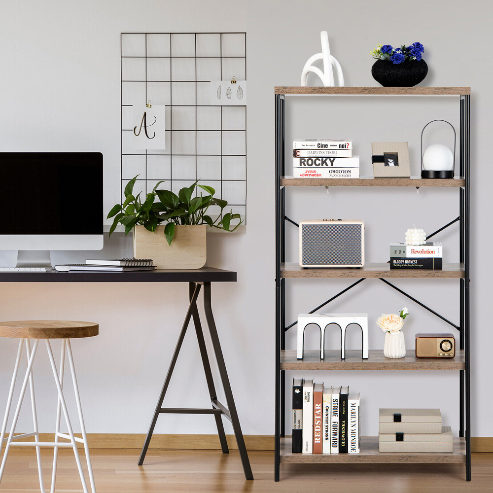 Costway 4 Shelf Grey Wooden Bookshelf Image 4