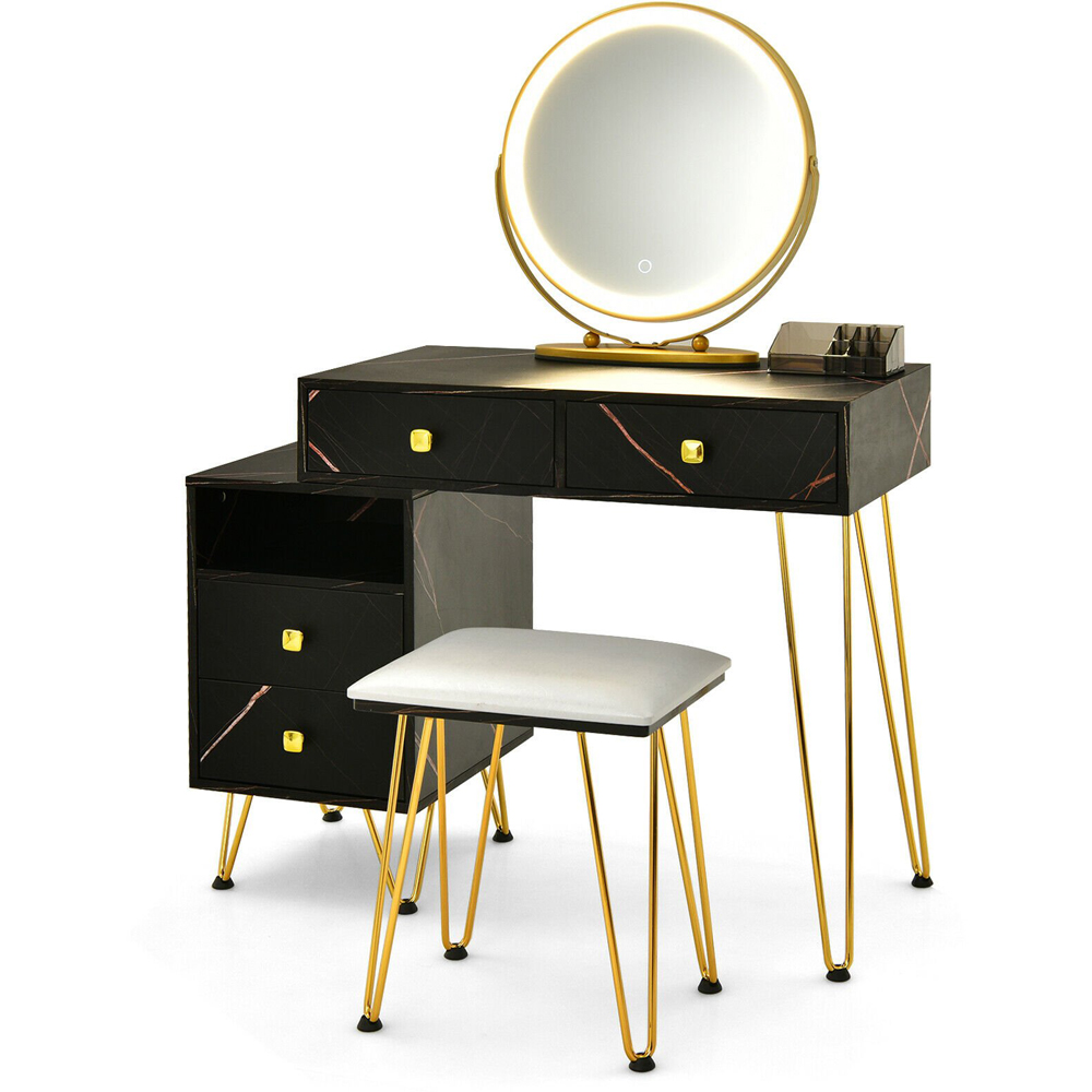 Costway 4 Drawer 2 Shelf Black Vanity Dressing Table Set with LED Mirror Image 2