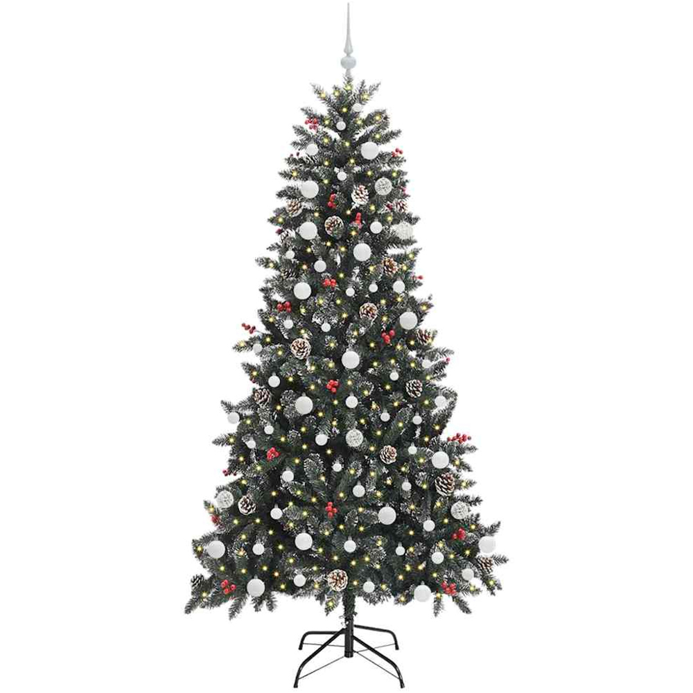 vidaXL Pre-Lit White Baubles and Pinecones Green Artificial Snow Tipped Christmas Tree 7ft Image 1