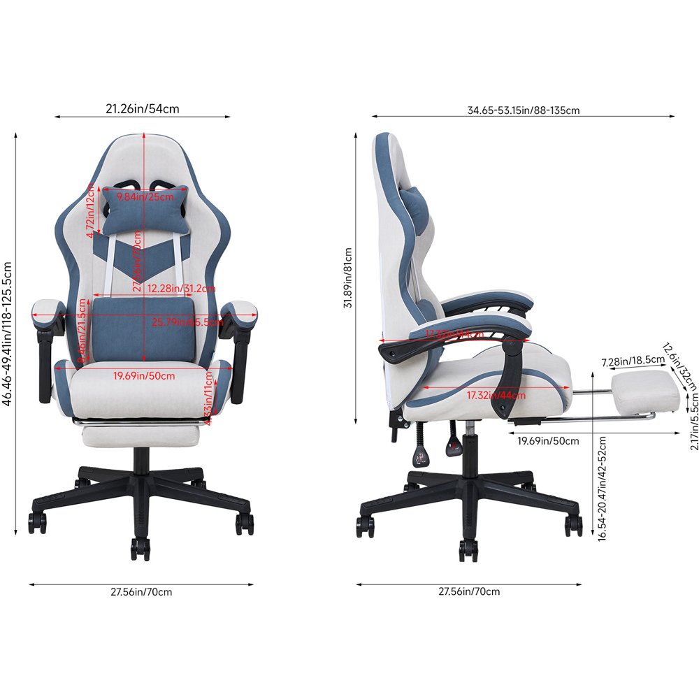 Living and Home Grey and Blue Fabric Gaming Chair with Footrest Image 9