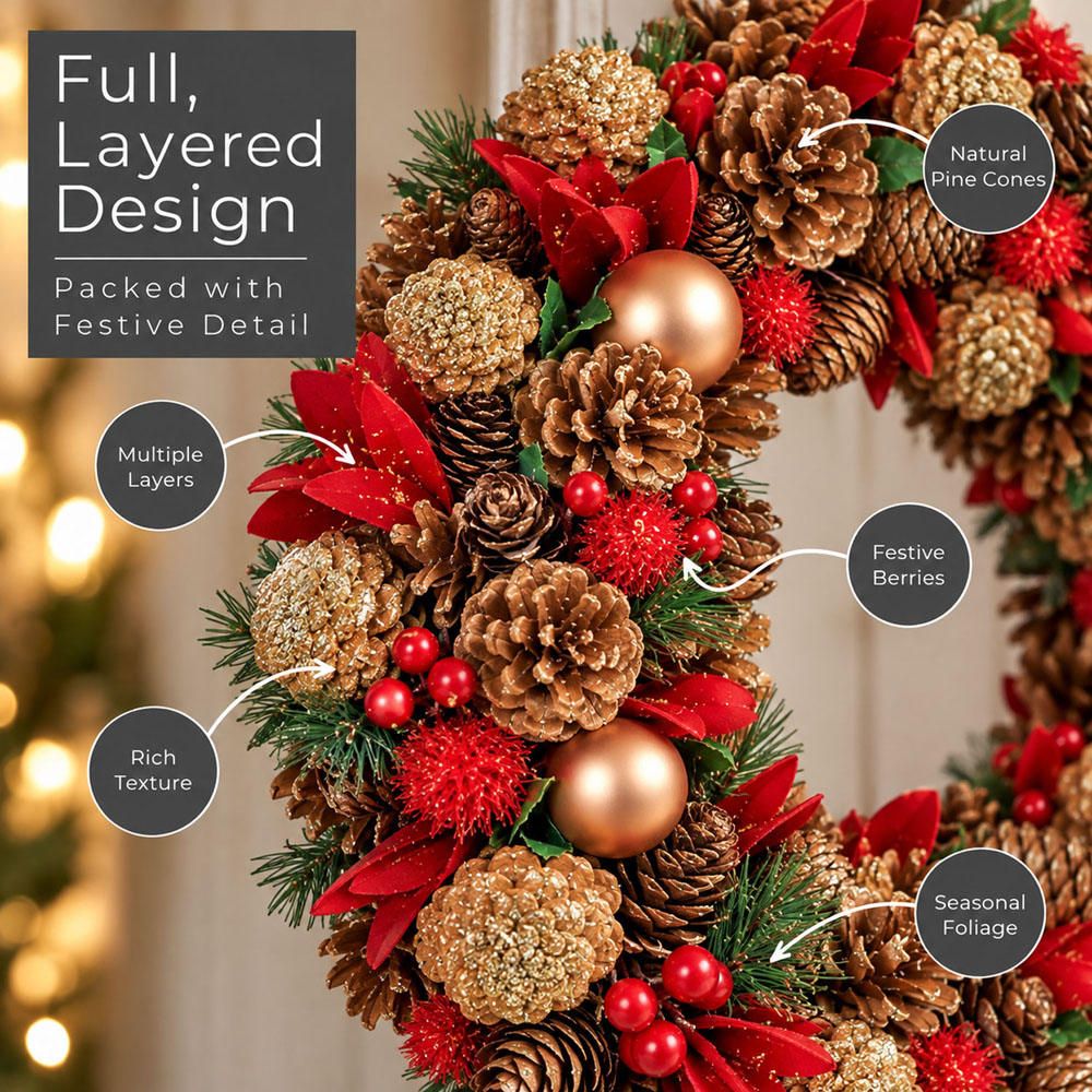 Neo Gold and Red Artificial Christmas Wreath with Berries and Pine Cones 50cm Image 5