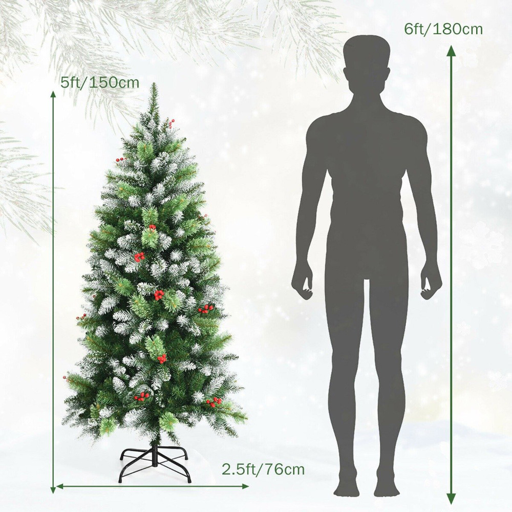 Costway Snow Effect Artificial Christmas Tree with Red Berries 5ft Image 8