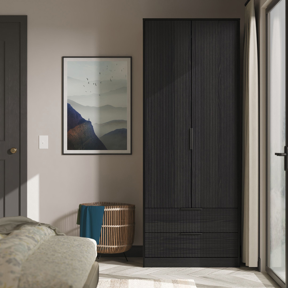 Crowndale Fluted 2 Door 2 Drawer Black Ash Tall Wardrobe Ready Assembled Image 9
