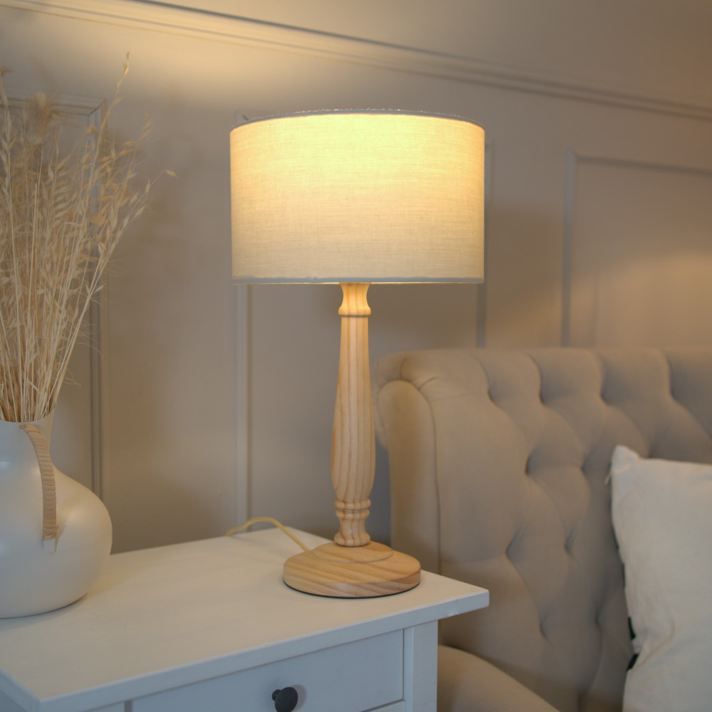 ValueLights Victoria Natural Fabric Drum Shade Light Wood Traditional Stem LED Table Lamp Image 2