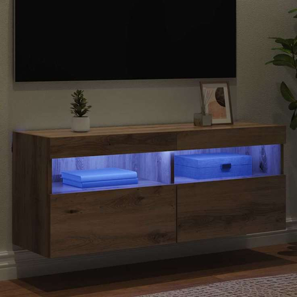 vidaXL 2 Door 2 Shelf Artisan Oak Wall Mounted Wide TV Cabinet with LED Light Image 1