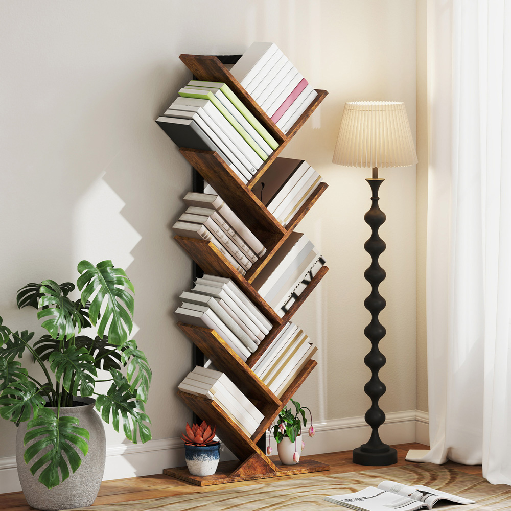 HOMCOM 8 Shelf Rustic Brown Steel Frame Tree Bookshelf Image 6