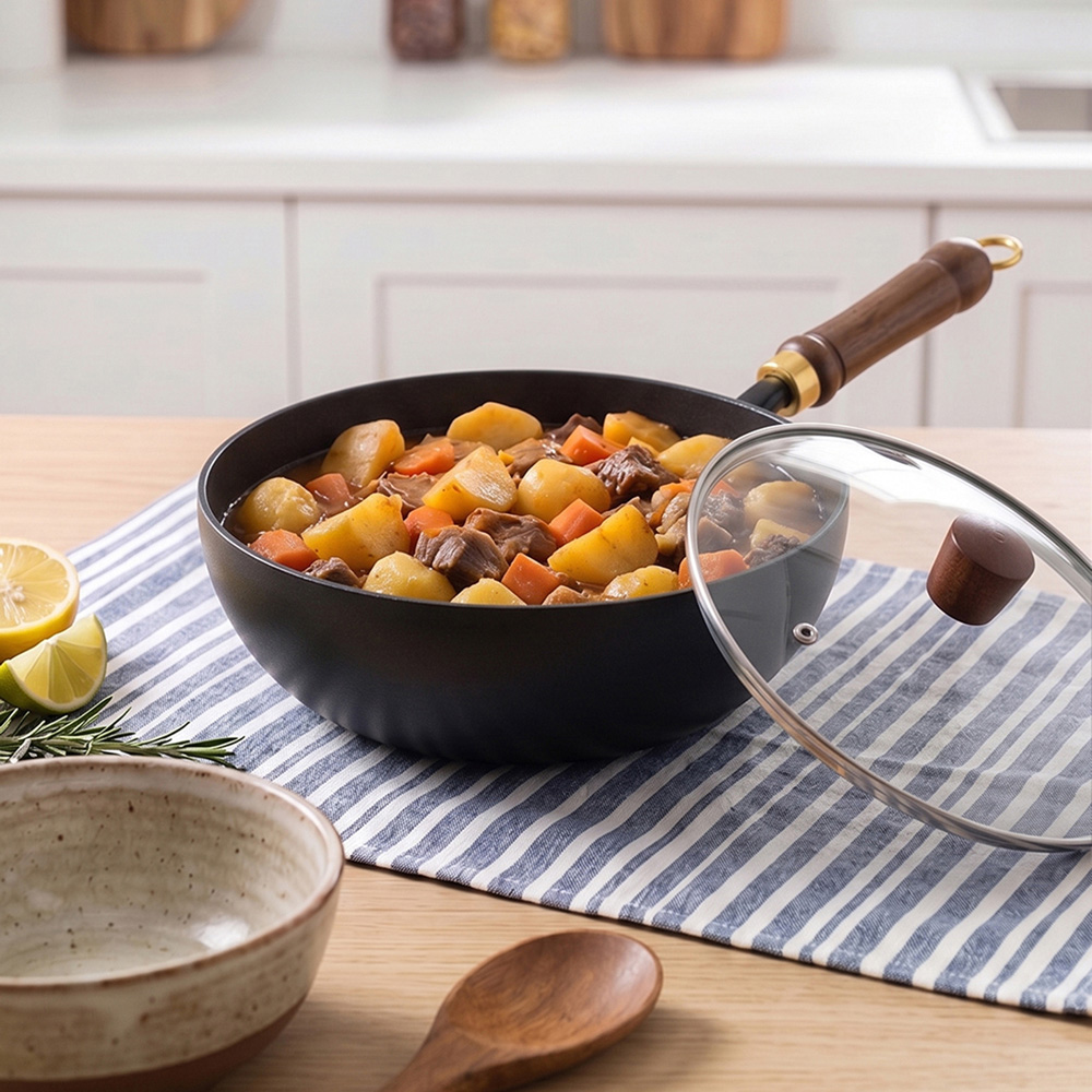 Living and Home 24cm Black Iron Deep Wok Pan with Glass Lid Image 7