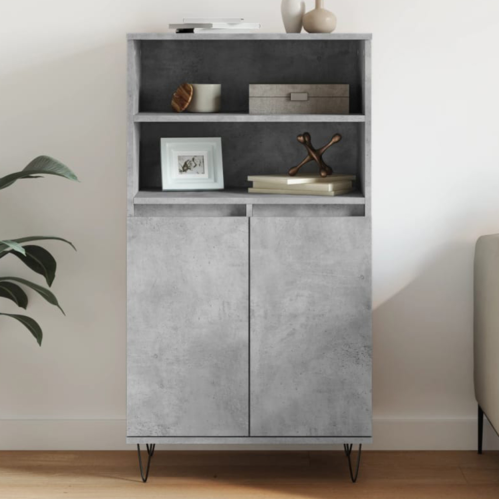 vidaXL 2 Door 2 Open Shelf Concrete Grey Highboard with Black Hairpin Legs Image 1