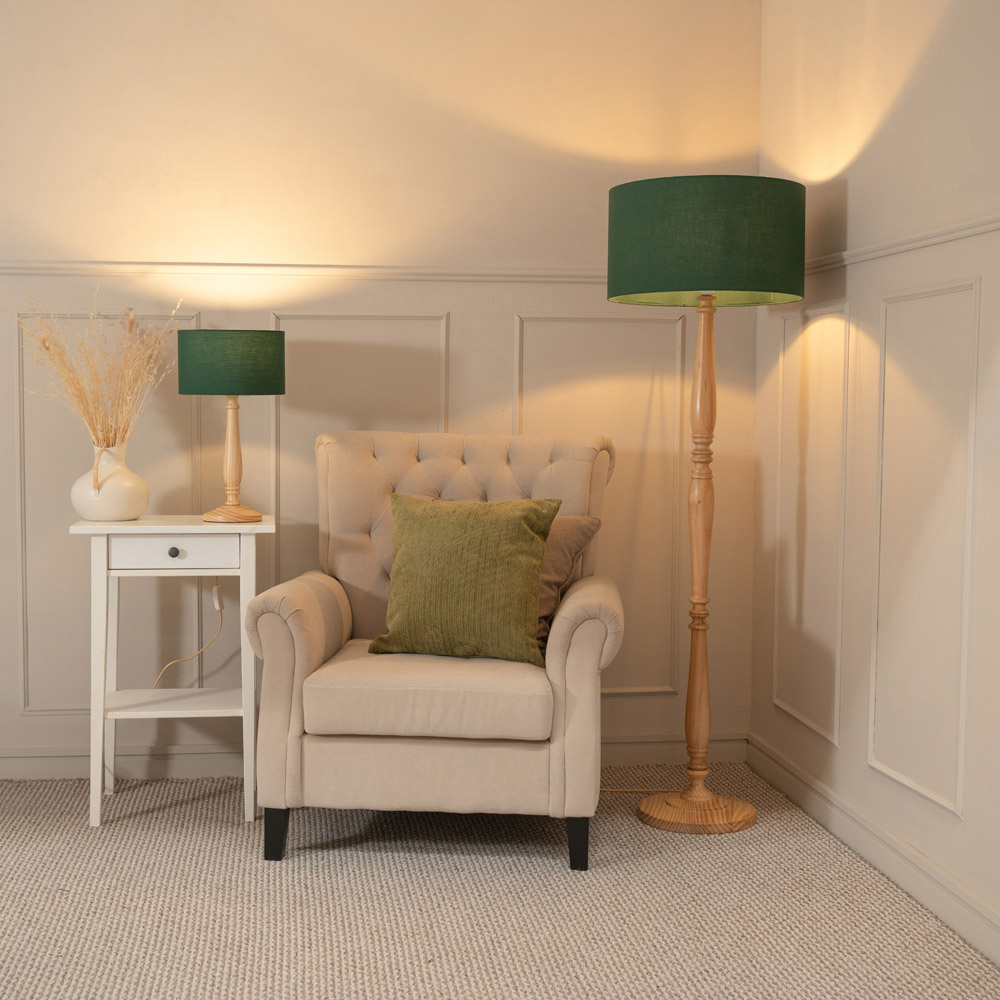 ValueLights Victoria Green Fabric Drum Shade Light Wood Traditional Stem LED Table Lamp Image 4