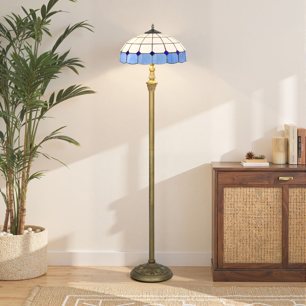 HOMCOM Blue Vintage Handcrafted Stained Glass Shade Floor Lamp Image 3