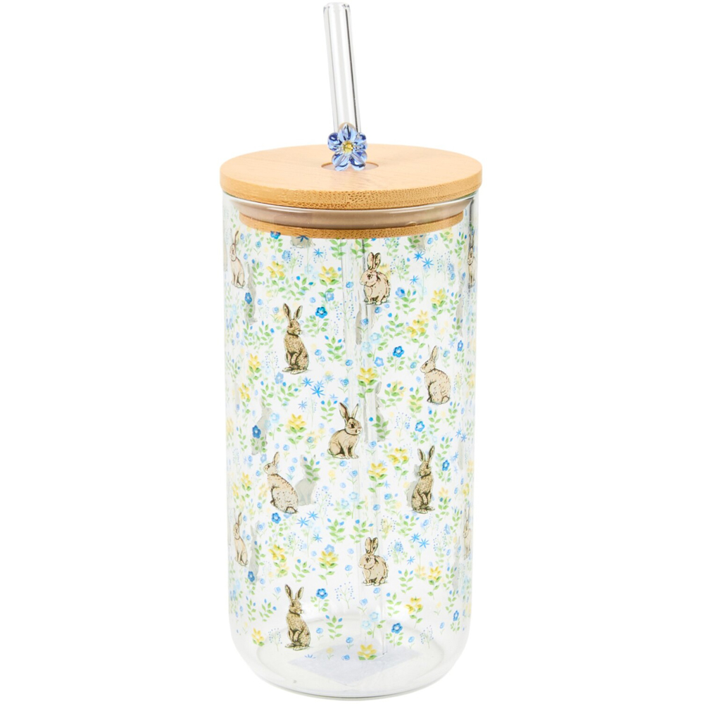 Floral Bunny Drinking Jar with Lid and Straw Clear Image 1