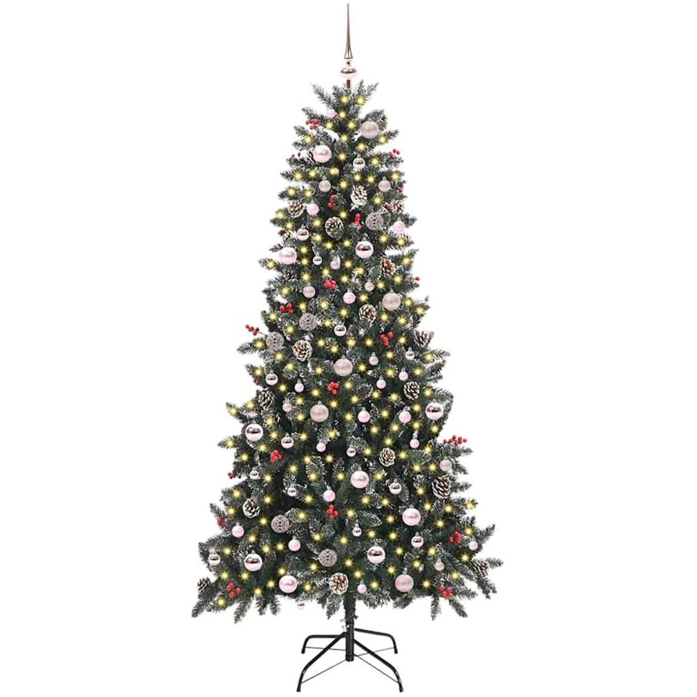 vidaXL Pre-Lit Pink Baubles and Pinecones Green Artificial Snow Tipped Christmas Tree 8ft Image 1