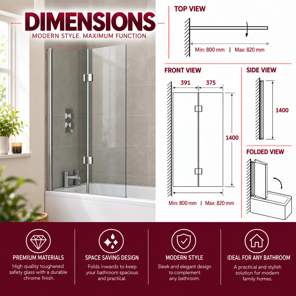 Go Bathrooms Jude Chrome Double Pivot Bath Shower Screen 800mm Image 6