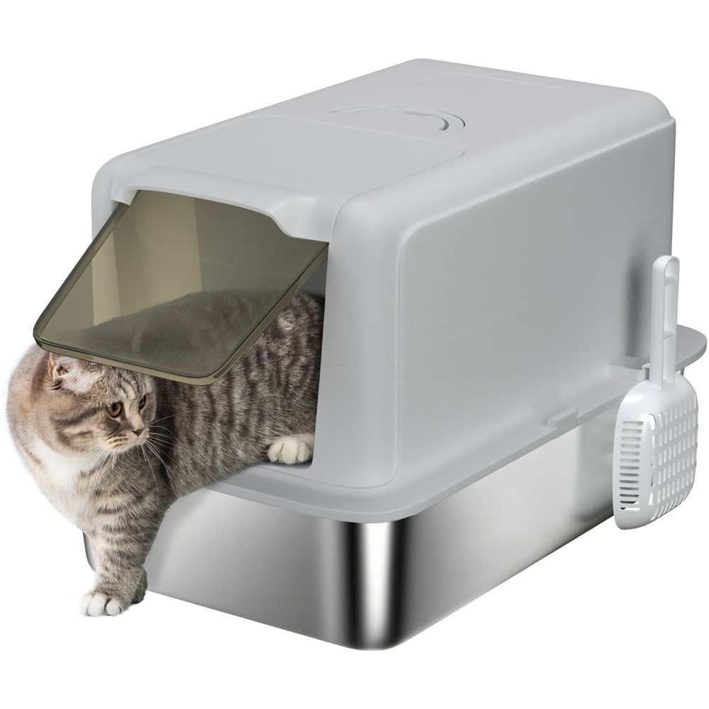 PawHut Grey Stainless Steel Cat Litter Box with Removable Lid and Scoop Image 1