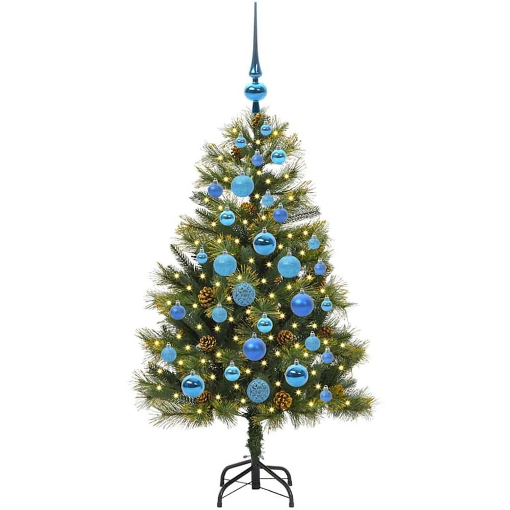 vidaXL Pre-Lit Blue Baubles and Pinecones Green Artificial Christmas Tree 4ft Image 1