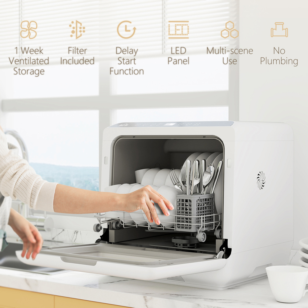 HOMCOM White Compact Countertop Dishwasher with Dual Water Supply Image 8