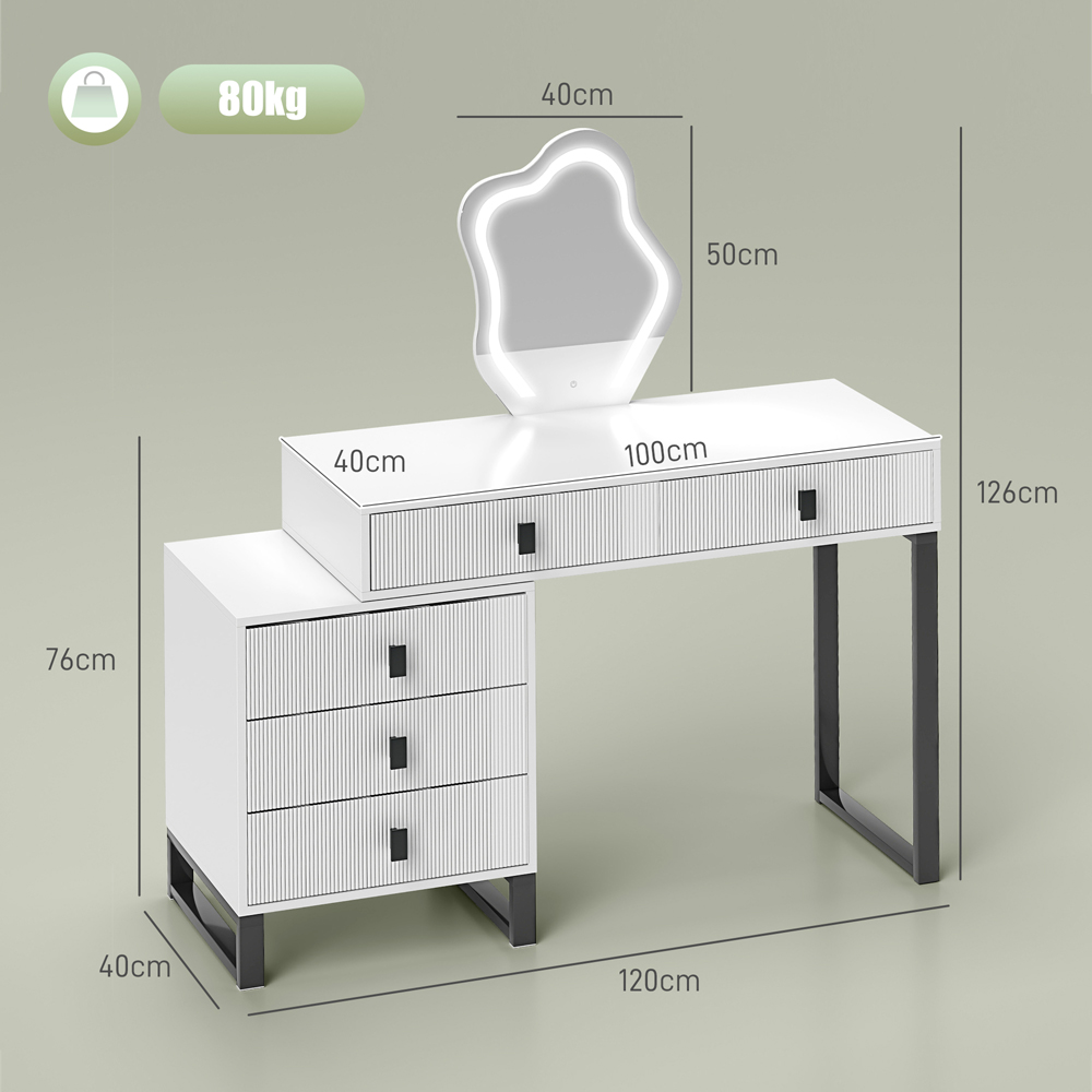 Portland 5 Drawer White Dressing Table with LED Leaf Shape Mirror Image 9