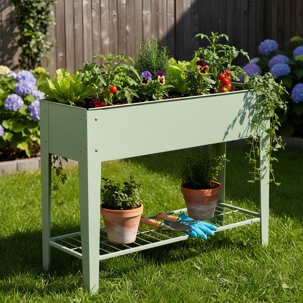 Harbour Housewares Green Raised Garden Bed with Legs and Storage Shelf 2 Pack Image 2
