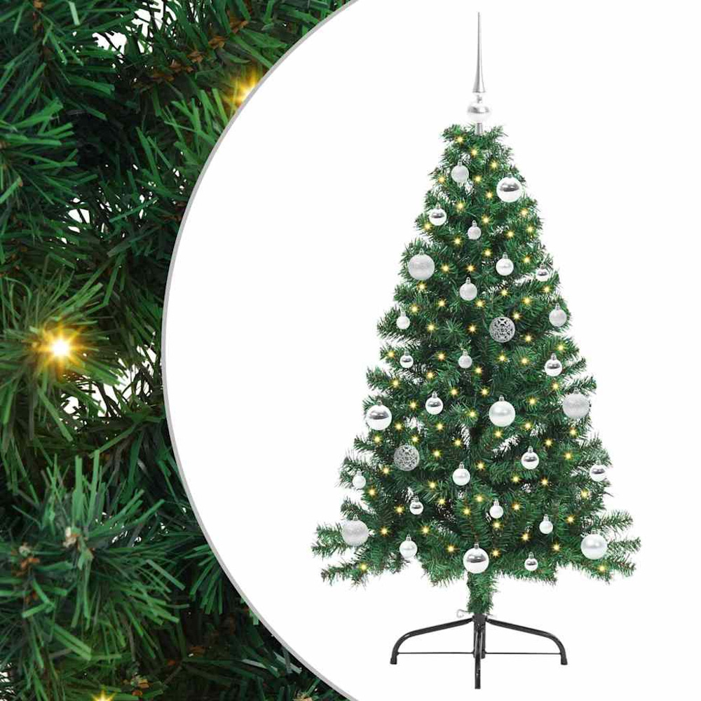 vidaXL Pre-Lit Silver Baubles Green Artificial Christmas Tree 5ft Image 2