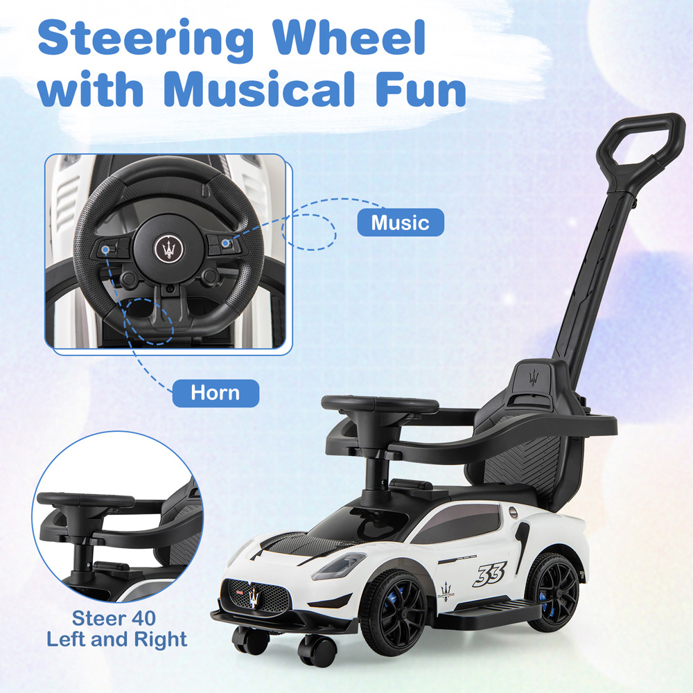 Costway 3-in-1 Kids White Licensed Maserati Ride On Push Car with Music Steering and Guardrail Image 6
