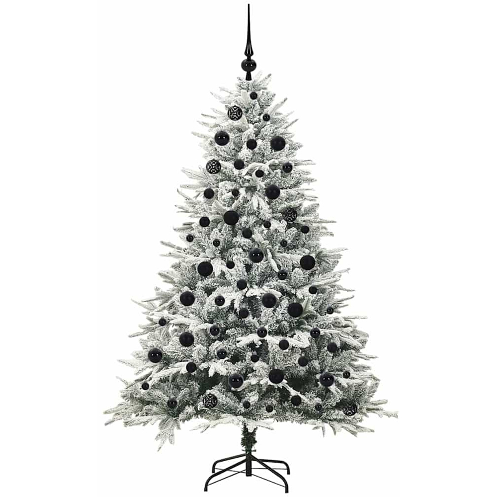 vidaXL 300 LED Pre-Lit Black Baubles Green Artificial Snow Flocked Christmas Tree 6ft Image 4