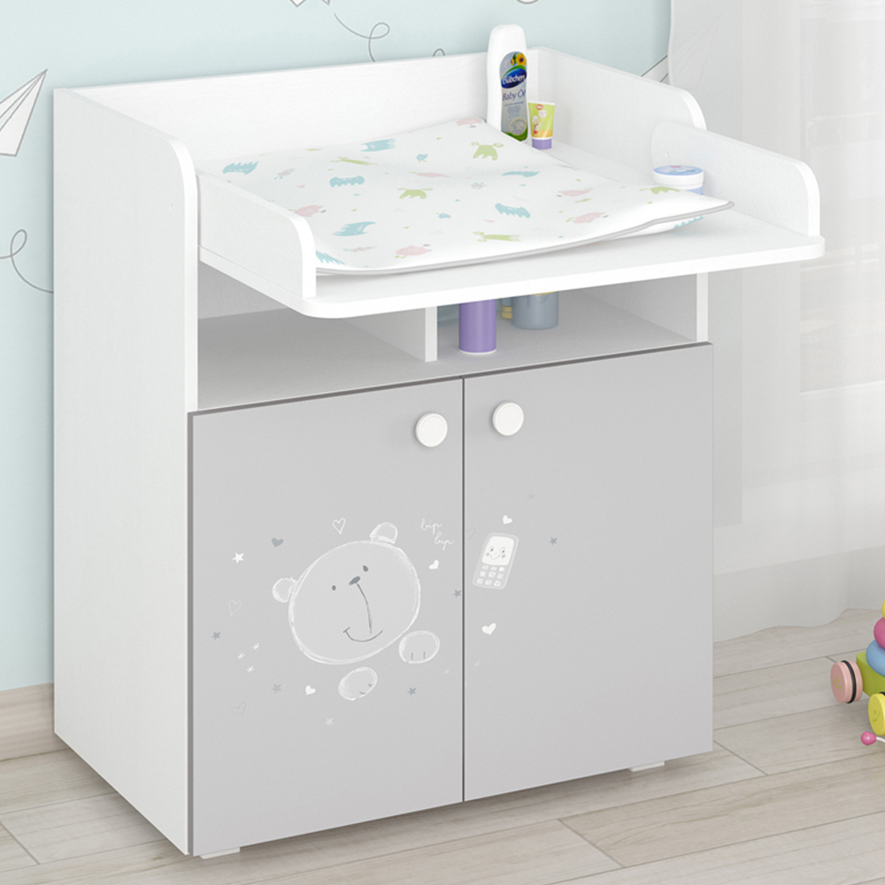 Kudl 700 Kids 2 Door 2 Shelf White and Grey Teddy Dresser with Changing Board Image 1