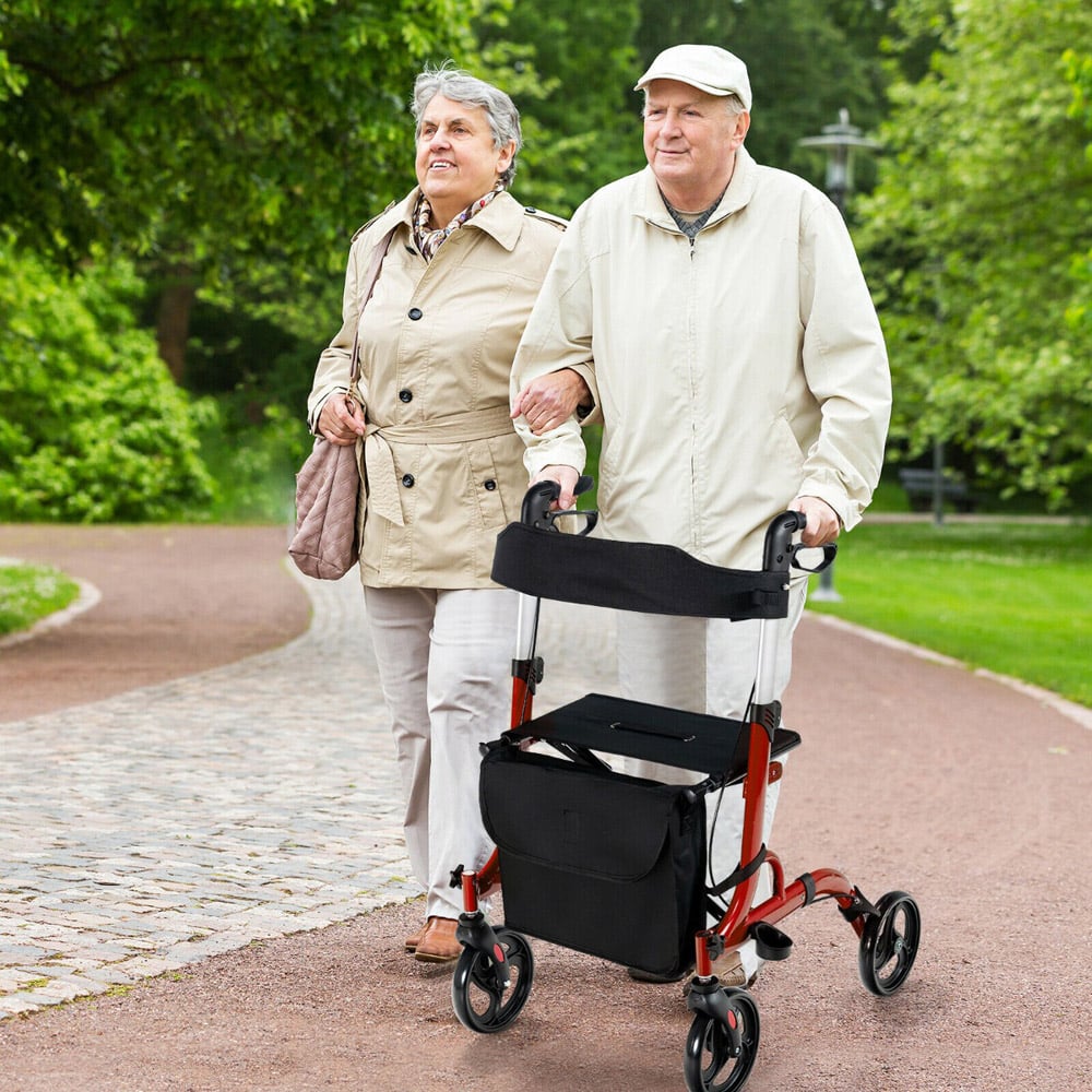 Costway 2 in 1 Red Adjustable Aluminium Walker with Seat Image 2