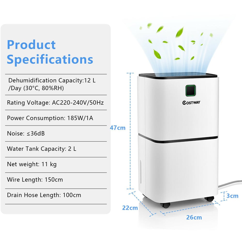 Costway 12L Portable Electric Dehumidifier with 3 Modes Image 9