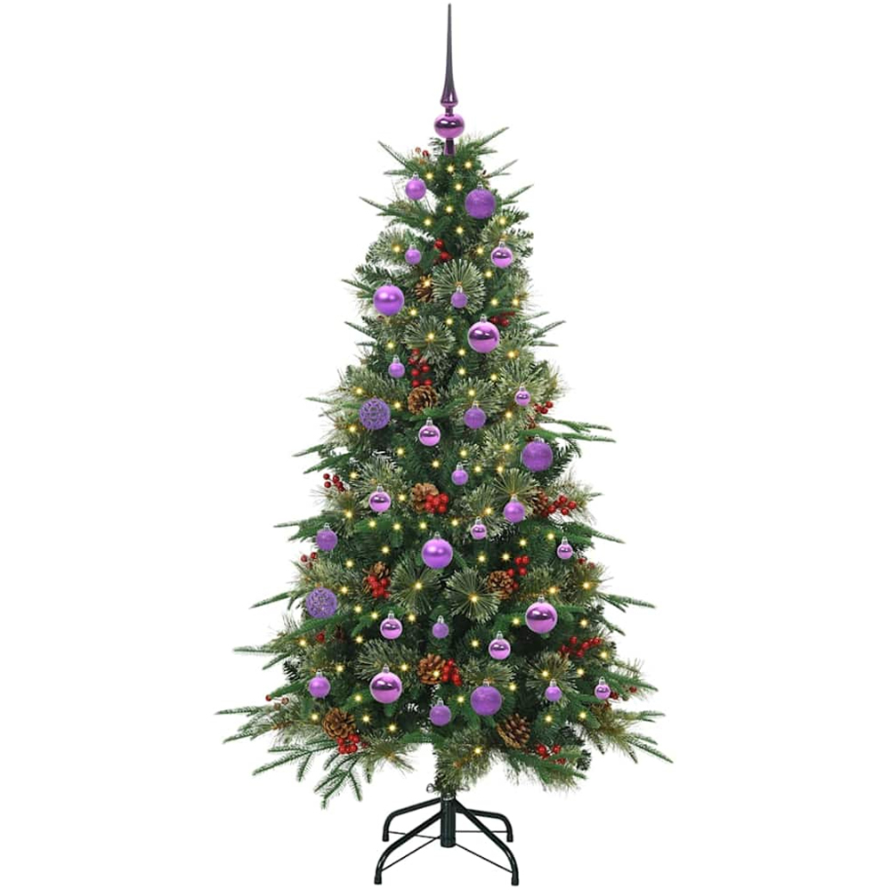 vidaXL Pre-Lit Lilac Baubles Green Artificial Hinged Christmas Tree 5ft Image 1