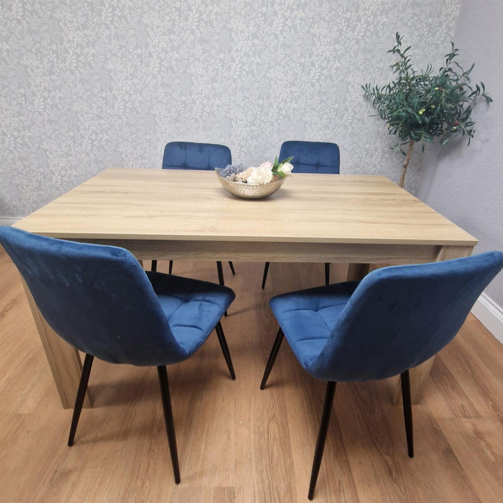 Portland Rocco 4 Seater Velvet Dining Set Oak Effect and Blue Image 4