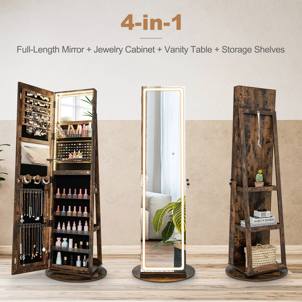 Costway Brown Swivel Mirrored LED Light Jewelry Cabinet Image 6