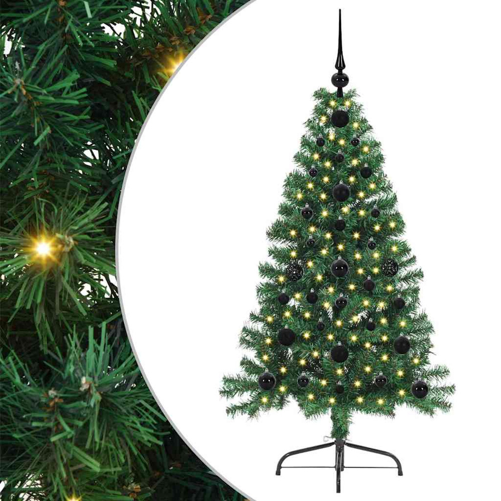 vidaXL Pre-Lit Black Baubles Green Artificial Christmas Tree 4ft Image 2