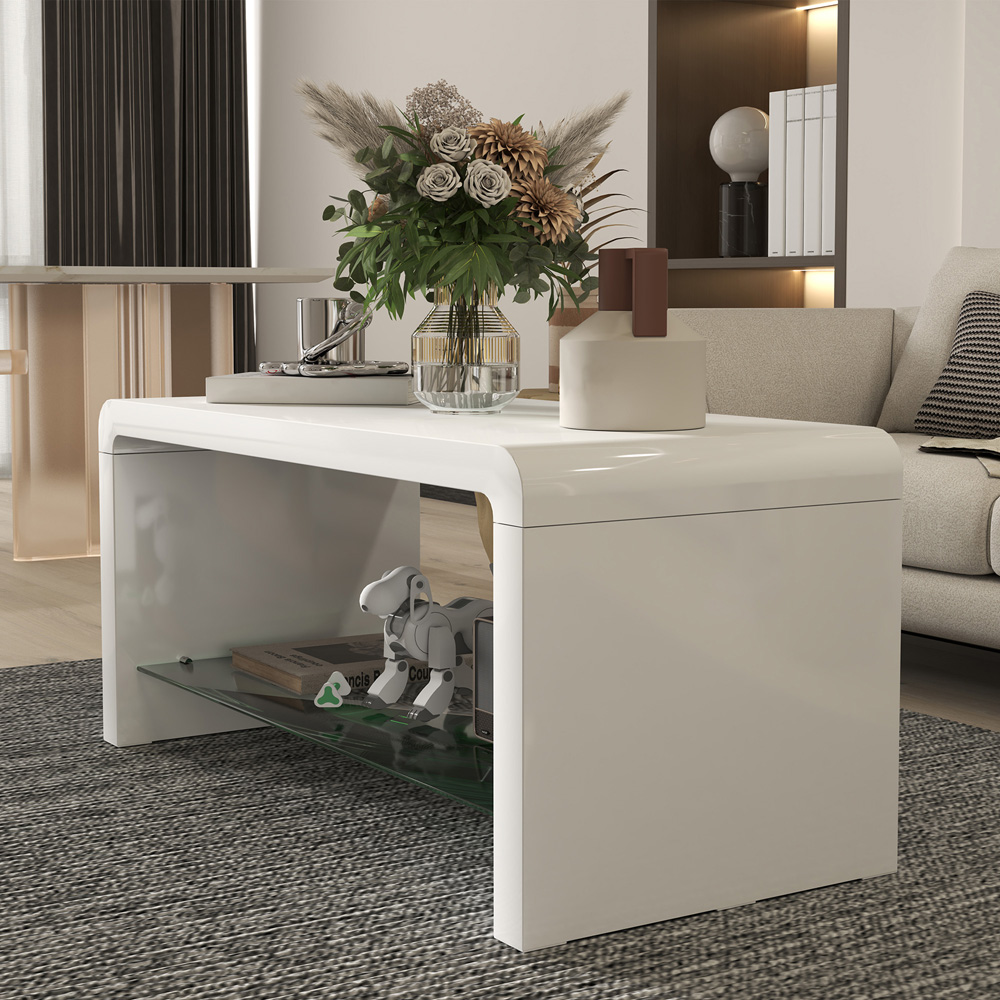HOMCOM 2-TierHigh Gloss White Storage Coffee Table Image 4