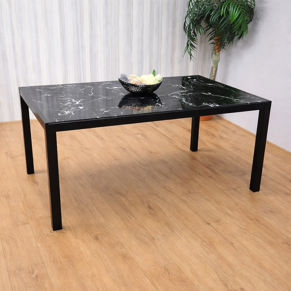 Portland Marble Effect Glass 4 Seater Velvet Dining Set Black Image 3